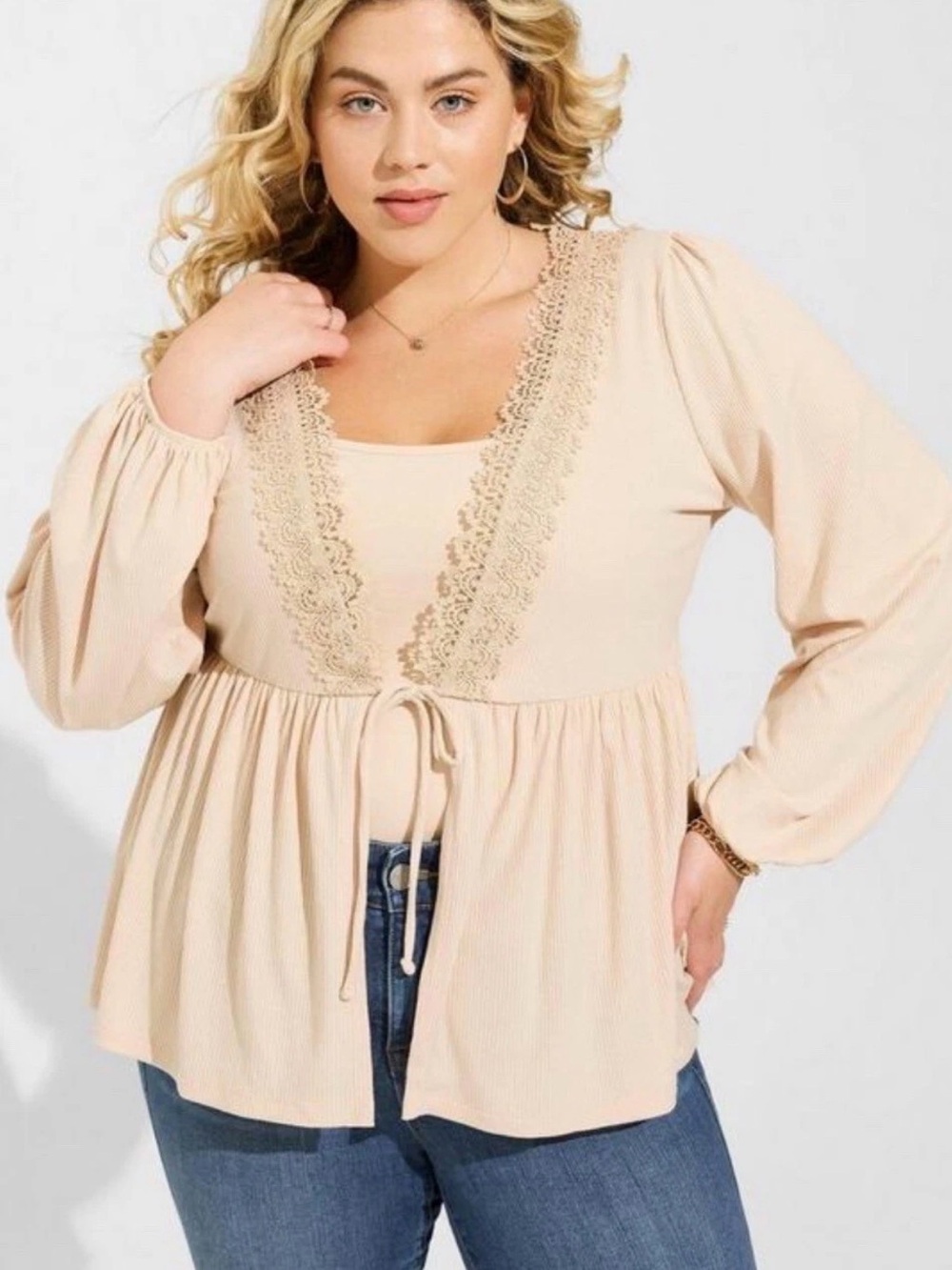 Torrid Super Soft Rib V-Neck Lace Trim Tie Front Long Sleeve Top